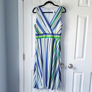 London Times Striped Surplice A-Line Dress Vneck